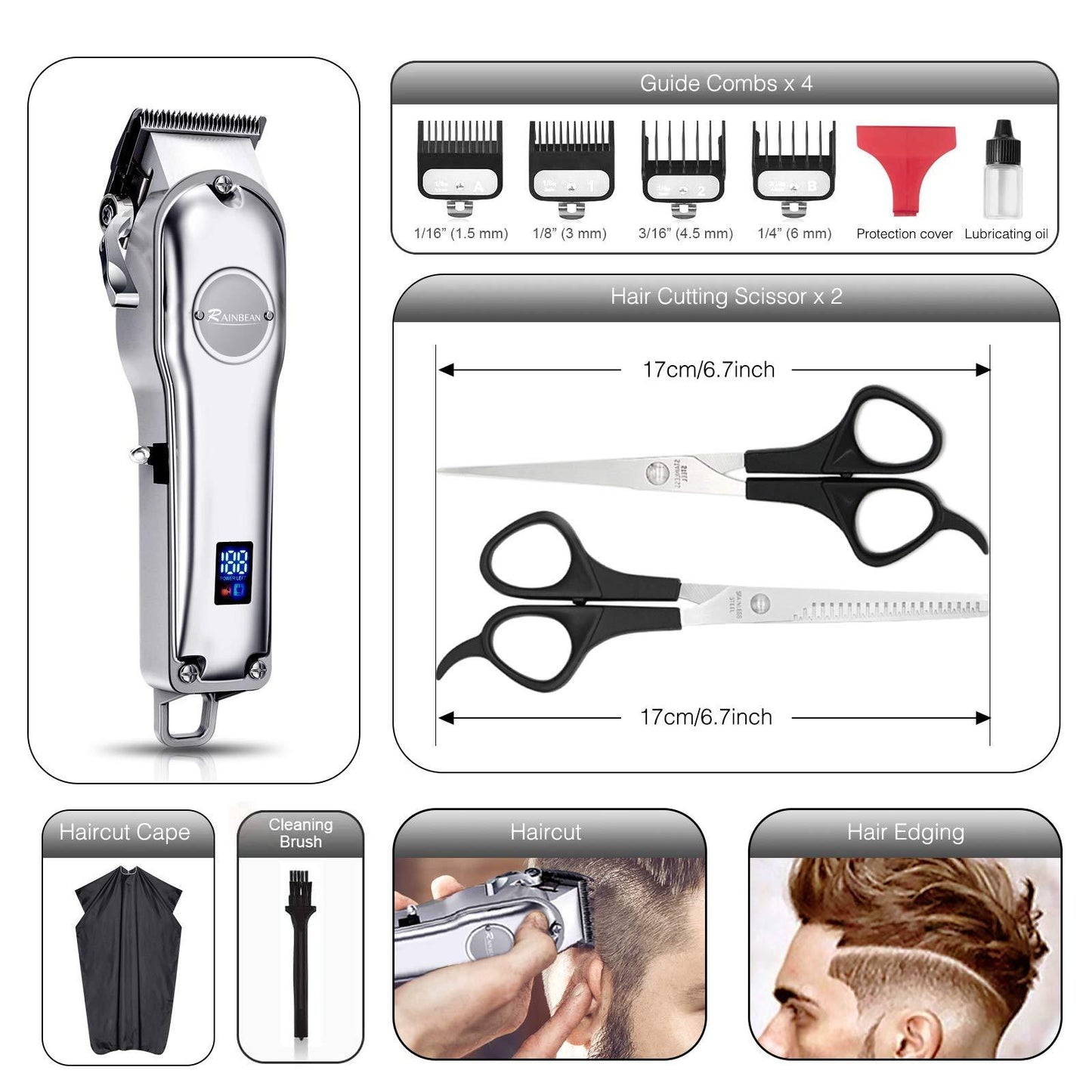 3-in-1 Men's Hair Trimmer: Waterproof Beard and Hair Grooming Kit with LED Display, USB Rechargeable